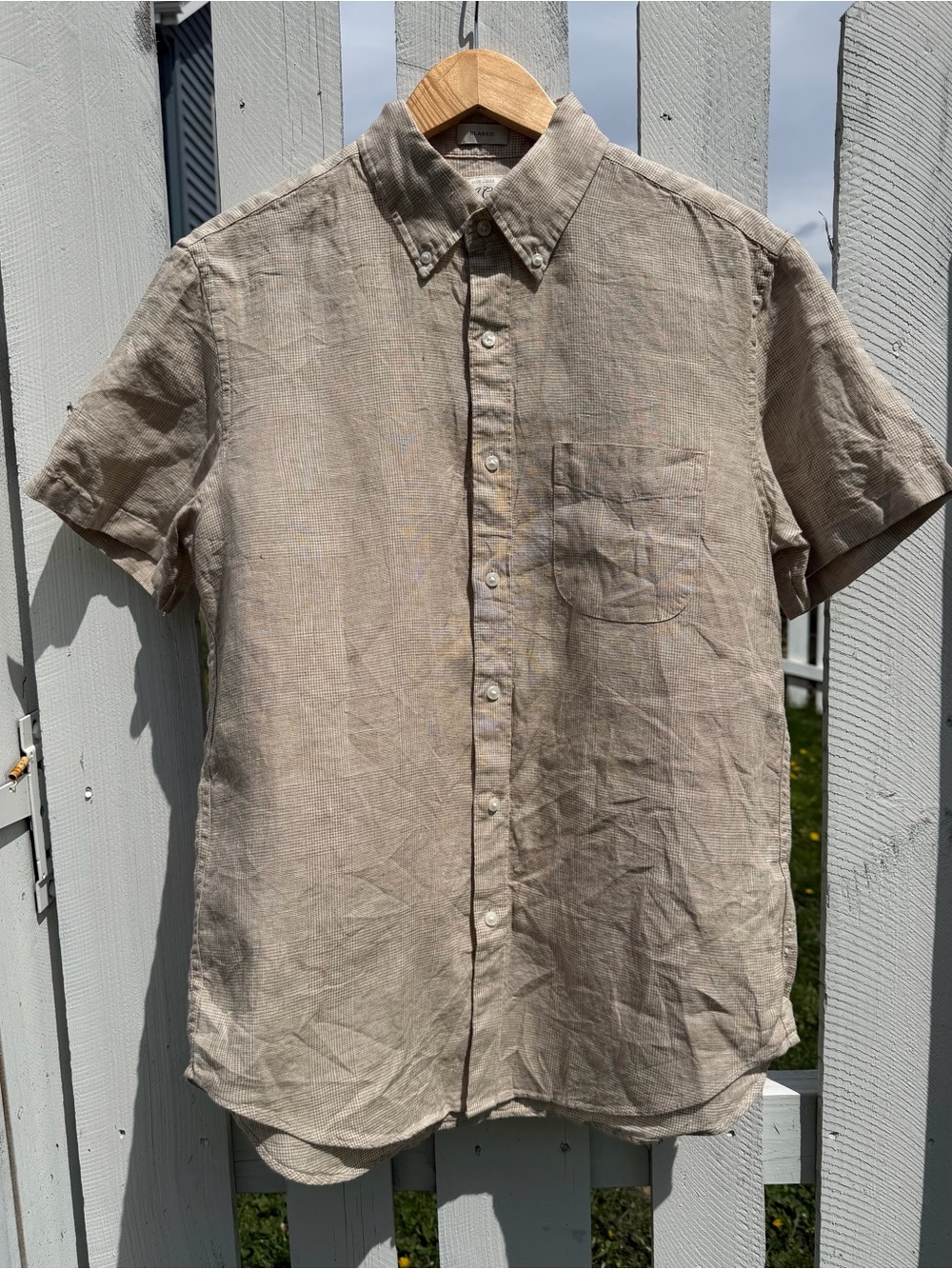 NWOT J. Crew Men's M *100% Linen* Short-Sleeve Button-Down Shirt in Beige/White